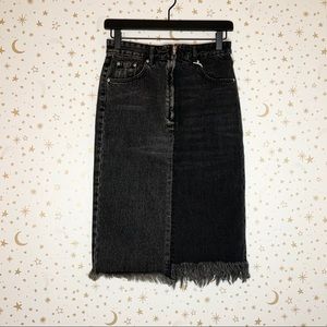 NEW Zara Two Tone Denim Midi Fringe Raw Hem Skirt